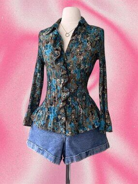 Vintage-Inspired Earthy Floral Ruffle Long-Sleeve Top
